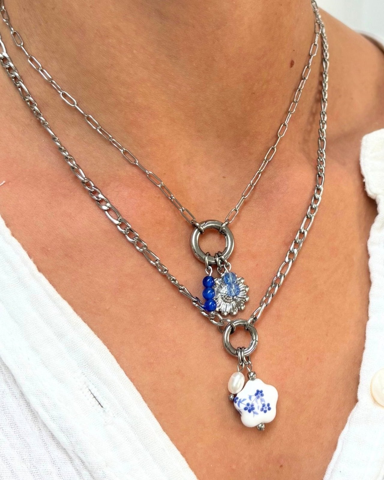 Bedel ketting / armband - delfts blauwe bloem